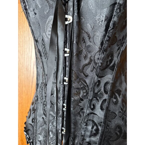 Vintage Pin Up Black Jacquard Floral Lace Up Boned Frilly Corset Bustier Top S - Picture 2 of 10